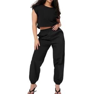 Good American Essential Nylon Track Pants Black Size 3 Streetwear Joggers NWT